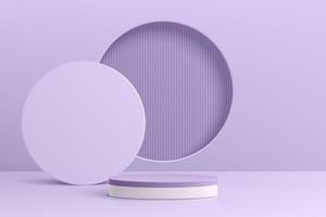 Realistic purple and white 3D cylinder pedestal podium with geometric circle scene background. Minimal scene for products stage showcase, promotion display. Vector geometric platform. Abstract room.