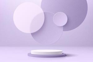 Realistic purple and white 3D cylinder pedestal podium with floating overlap circle background. Minimal scene for products stage showcase, promotion display. Vector geometric platform. Abstract room.