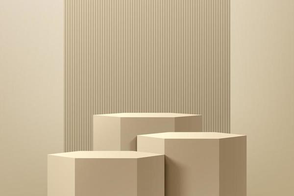 Realistic beige 3D hexagon stand or podium set with vertical pattern wall scene background. Pastel minimal scene for products stage showcase, Promotion display. Vector abstract studio room platform.