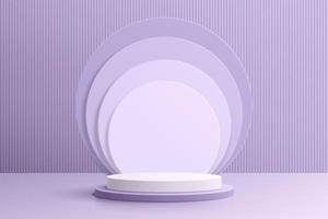Realistic purple and white 3D cylinder pedestal podium with geometric circle layers background. Minimal scene for products stage showcase, promotion display. Vector geometric platform. Abstract room.