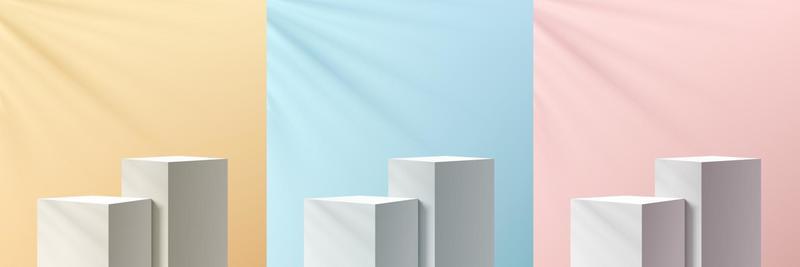 Set of realistic white 3D cube steps stand or podium in yellow, blue and pink abstract room with leaf shadow. Minimal scene for products stage showcase, promotion display. Vector geometric forms.