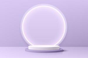 Realistic purple and white 3D cylinder pedestal podium with illuminate circle neon lamp. Minimal scene for products stage showcase, promotion display. Vector geometric platform. Abstract room design.