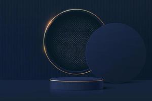 Realistic dark blue 3D cylinder pedestal podium with luxury shiny glitter in golden circle window. Scene for products stage showcase, promotion display. Vector geometric forms. Abstract studio room.