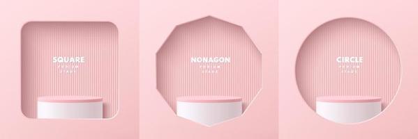 Set of white realistic 3d cylinder pedestal podium in square, nonagon and circle window on the pink wall. Abstract studio room. Pastel minimal scene for products stage showcase, Promotion display.