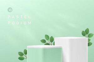 Abstract green and white round corner cube platform podium. Window lighting and green leaf. Pastel light green minimal wall scene. Vector rendering 3d shape for cosmetic product display presentation.