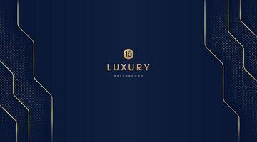 Dark navy blue and gold geometric shapes on background with glowing golden striped lines and glitter. Luxury and elegant. Abstract template design. Design for presentation, banner, cover. EPS10 vector