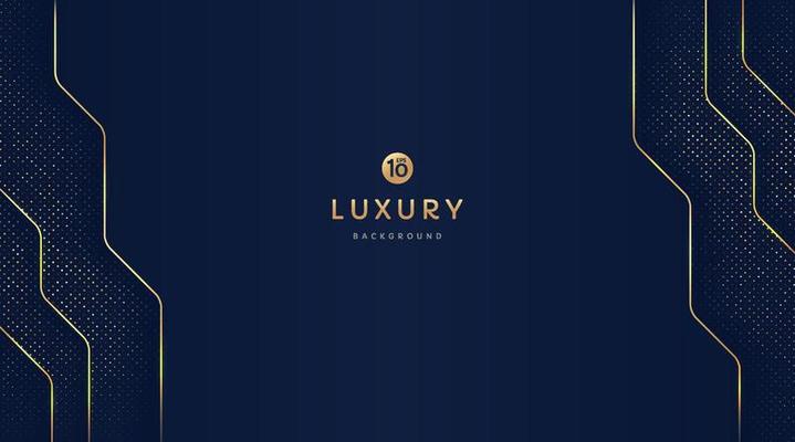 Dark navy blue and gold geometric shapes on background with glowing golden striped lines and glitter. Luxury and elegant. Abstract template design. Design for presentation, banner, cover. EPS10 vector