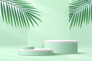 Abstract white cylinder pedestal podium, Light green empty platform with green palm leaf, geometric backdrop. Vector rendering 3d shape, Product display presentation. Pastel room minimal wall scene.