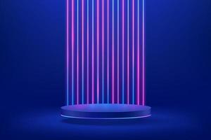 Abstract shiny blue cylinder pedestal podium. Sci-fi blue abstract room concept with vertical glowing neon lighting. Vector rendering 3d shape, Product display presentation. Futuristic wall scene.