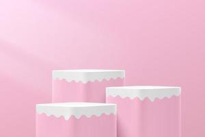 Sweet pink and white cube pedestal podium. Modern fluid shape platform. Bright pink minimal wall scene. Pastel color abstract room design. Vector rendering 3d geometric shape for product presentation.