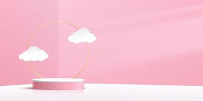 White cylinder pedestal podium. Sweet pink minimal wall scene with golden ring and cloud shape paper cut style. Vector rendering 3d shape, Product display presentation. Abstract room with copy space.