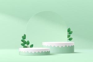 Green, white cylinder pedestal podium. Modern fluid shape platform with green leaf. Green minimal wall scene. Pastel color abstract room. Vector rendering 3d geometric shape for product presentation.