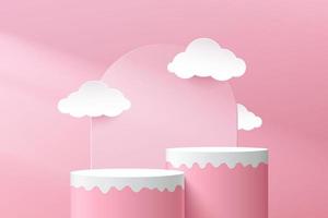 Vector rendering 3d geometric shape for product presentation. Pink, white cylinder pedestal podium. Modern fluid shape platform with white cloud shape paper cut. Pastel pink minimal abstract scene.