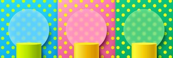 Set of yellow, green cylinder pedestal podium, Trendy color polka dot pattern background with circle glass morphism backdrop. Vector rendering 3d shape, product display presentation. Abstract scene.