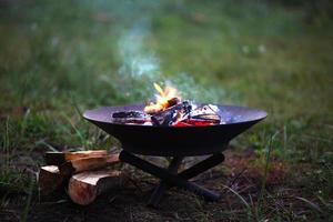 The flame of the fire burns in a metal fire bowl - warm your hands by the fire, stir the firewood with a stick. A hearth with firewood for safe campfire outdoors. Warmth, comfort for gatherings photo