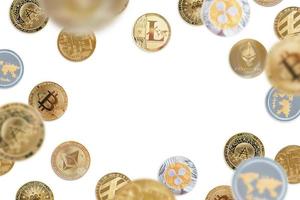 Crypto coins fall on a white surface. Copy space in the middle for text photo