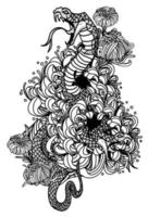 Tattoo art snake and flower hand drawing and sketch vector