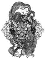arte del tatuaje dragón y máscara de demonio boceto de dibujo a mano alzada vector
