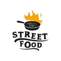 Street Food pan flame typography for Restaurant Cafe Bar logo design vector