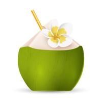 Coconut water with straw and white flower isolated on white background. Vector illustration