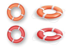 Ring buoy set with red and orange color, with different angles isolated on white background. Vector illustration