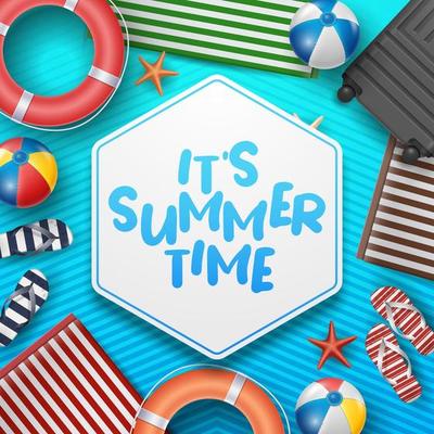 Vector Summer Holiday Illustration with Beach Ball, Palm Leaves, Surf Board and Typography Letter on Pattern Background.