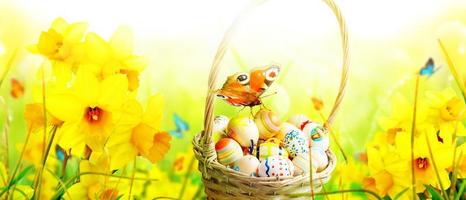 Beautiful Easter background with colorful Easter eggs photo