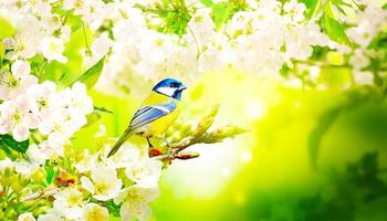 Great tit sitting on a tree branch in spring weather photo