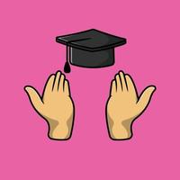 Hand With Graduation Hat Cartoon Vector Icon Illustration. People Education Icon Concept Isolated Premium Vector. Flat Cartoon Style