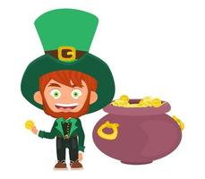 gnome leprechaun in a hat with gold in a tub. flat vector