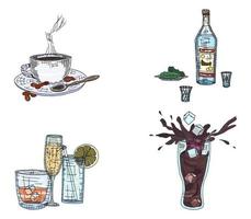 a selection of doodles of drinks from coffee to vodka vector