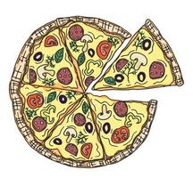 delicious italian thin-crust pizza. doodle sketch vector