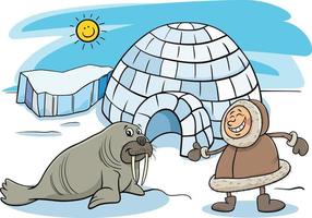 cartoon Eskimo or Lapp with igloo and walrus vector