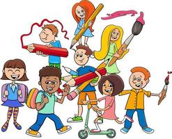 happy cartoon elementary school students group