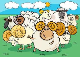 cartoon ram and sheep group in the meadow vector