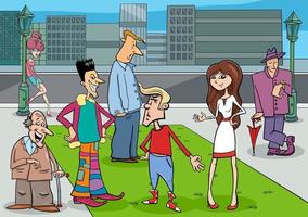personajes de dibujos animados en la calle en la ciudad vector