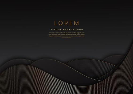 3D modern luxury template design black and grey curved shape and golden curved line background.