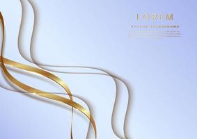 Abstract 3d white and gold curved ribbon on light blue background with lighting effect and sparkle with copy space for text. Luxury design style. vector
