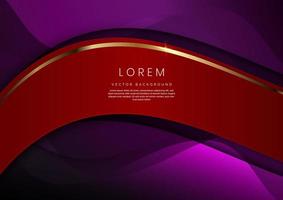 Luxury 3d template design curved red overlapping layers stripes and gold glitter line light sparking on violet background with copy space for text. vector