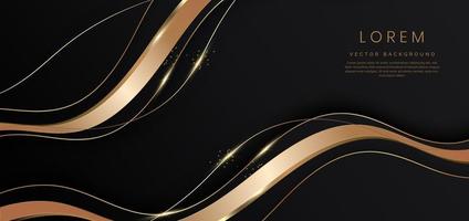 fondo negro 3d abstracto con líneas doradas de cinta marrón brillo ondulado curvo con espacio de copia para texto. diseño de plantilla de estilo de lujo. vector