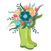 ilustración vectorial botas de agua de primavera con ramo floreciente flores de primavera, algodón. estilo plano de símbolo de primavera. vector