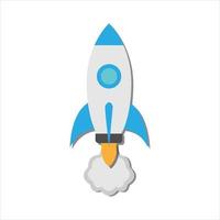 cartoon style minimal spaceship rocket icon. Toy rocket upswing ,spewing smoke. Startup, space, business concept.