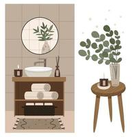Set Interior of a modern bathroom.Decorative composition of a vase and a candle.Monochrome colors. vector
