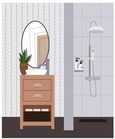 interior de baño moderno. ducha, espejo y mueble. colores monocromos vector