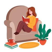 A girl in a cozy chair reads a book. Book club. Cozy interior. Literature. Exam preparation. vector