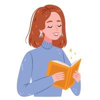 A student girl reads a book. Poems or a poem. Book club. Literature. Exam preparation. vector
