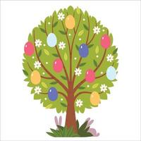 huevos coloridos de pascua en un árbol de primavera. postal. ilustración plana dibujada a mano. vector