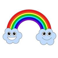 Cartoon linear doodle happy clouds characters and rainbow isolated on white background. vector