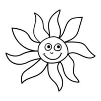 Cartoon linear doodle retro happy sun isolated on white background. vector