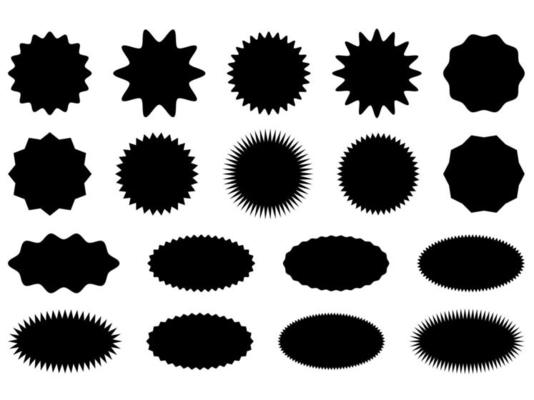 Starburst stickers set. Black sunburst badges, isolated on white star price labels. Round and sharp corners.